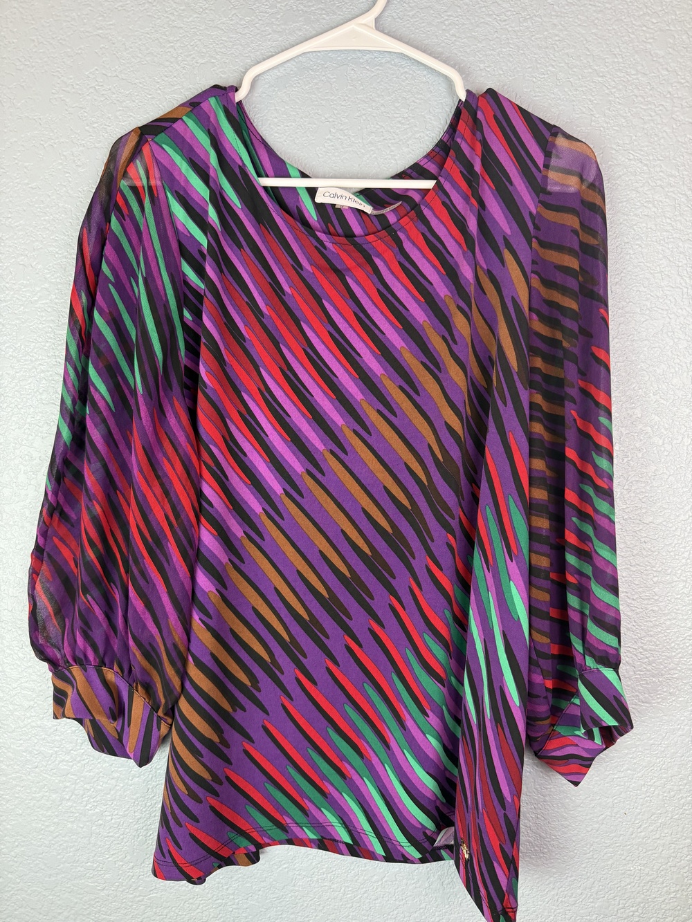 Calvin Klein Blouse Womens 1X Purple Red Green Sheer Sleeve Abstract Print Top